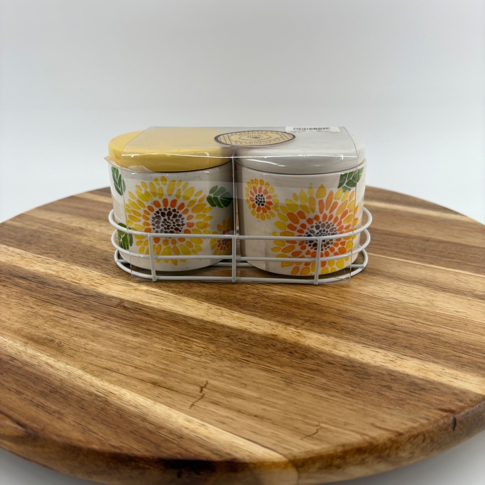 Heartland Hive Sunflower Salt & Pepper Cellars Jars‎ Set Ceramic Metal Holder